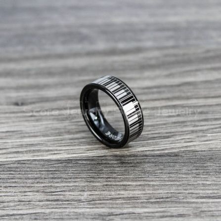 Piano Jewelry Black Tungsten Rings Music Rings Piano Rings 2 Piece Couple Set Black Tungsten Bands with Step Edge and Piano Key Pattern