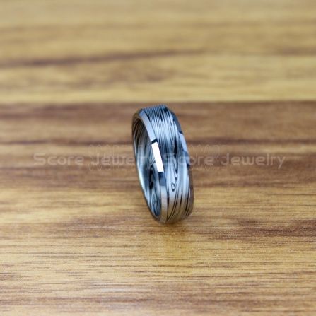 FREE SHIPPING Custom Engraved 8mm Black Tungsten Band Beveled Edge Turquoise Inlay and Damascus Steel Pattern Laser Engraved Turquoise Ring