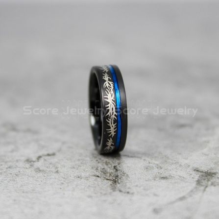 flexibel Dosering Specialiseren Tattoo Ring, Tribal Ring, Barb Wire Ring, Bard Wire Tattoo Ring, 6mm Black  Tungsten Band with Blue Of Center Groove, Tribal Armband Tattoo Design  Laser Engraved Ring