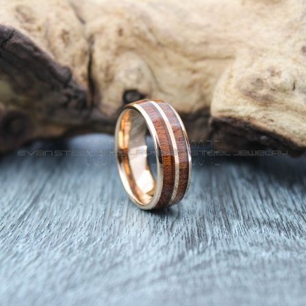 Men Rings - Mens Wedding Ring 8mm Two Koa Wood Inlay Tungsten Wood Ring 8