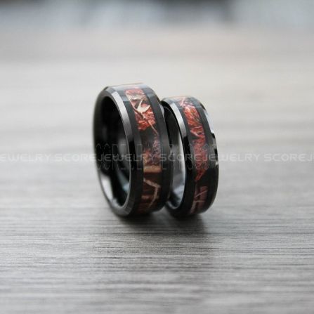 Camo Jewelry 2 Piece Couple Set Black Tungsten Rings Domed Edge Camouflage Pattern Black Camo Rings Army Rings Camouflage Rings Camo Rings