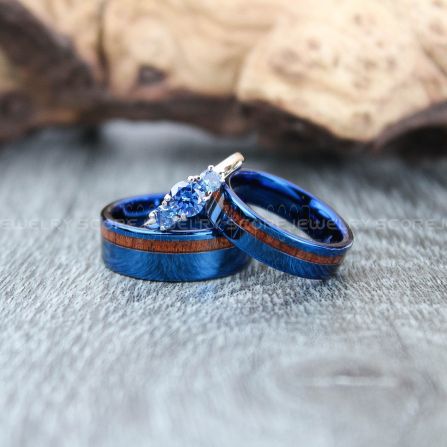 Koa Wood Ring, Koa Wood Wedding Band, 3 Piece Couple Set Wedding Rings, Blue Wedding Bands, Blue Tungsten Bands, Blue Wedding Rings, Tungsten Wedding Rings