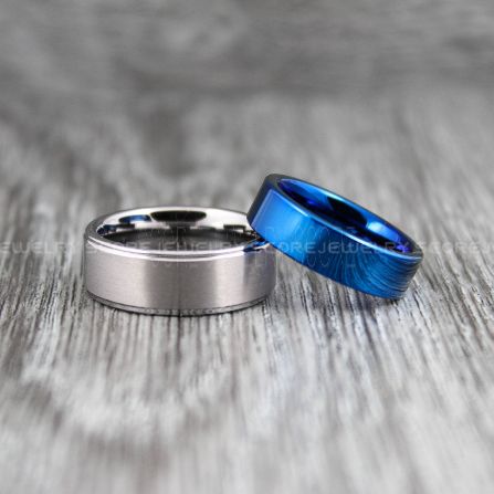 Blue Titanium His & Hers Engagement Wedding Ring Sets Silver Checkered Step Edge 