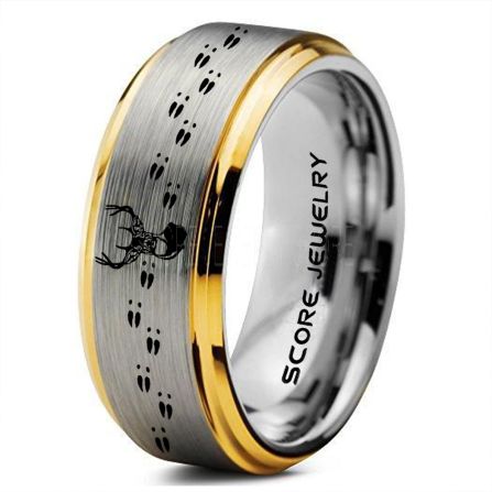 Thorsten Nature Animal Wildlife Deer Track Print Pattern Ring Flat Black Tungsten Ring 10mm Wide Wedding Band from Roy Rose Jewelry