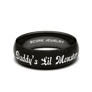 8mm Black Tungsten Band with Domed Edge Daddy's Little Monster Laser Engraved Ring