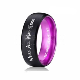 We're All Mad Here Ring, Alice in Wonderland Ring, Alice in Wonderland Wedding Ring, Alice in Wonderland Jewelry, Black Tungsten Ring, Black Ring, Black Wedding Band, Black Wedding Ring