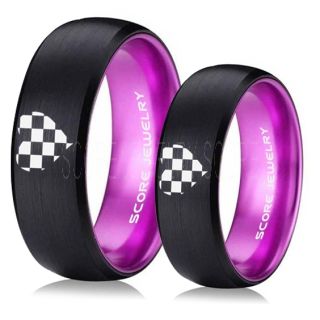 Racing Ring, 2 Piece Couple Ring Set, Racing Flag Ring, Checkered Flag Heart Ring, Chequered Flag Ring, Black Tungsten Ring, Auto Racing Ring, Black Wedding Band, Black Tungsten Ring