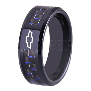 Chevrolet Ring, Chevy Ring, Bowtie Ring, Black Tungsten with Blue Carbon Fiber Chevy Bowtie Ring, Chevy Wedding Ring, Chevy Wedding Band, Chevrolet Wedding Ring, Chevrolet Wedding Band