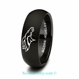 Broncos Ring, Broncos Jewelry, Black Tungsten Band with Domed Edge Broncos Logo Ring, Black Tungsten Ring