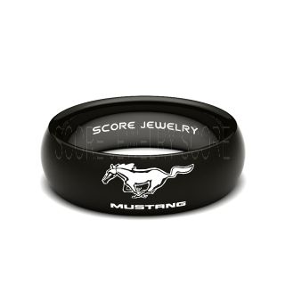 Black Tungsten Band with Domed Edge Ford Mustang Logo Laser Engraved 8mm Ring