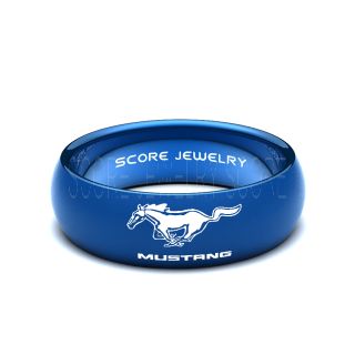 Blue Tungsten Band with Domed Edge Ford Mustang Logo Laser Engraved 8mm Ring