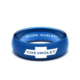 Blue Tungsten Band with Domed Edge Chevrolet, Chevy, Logo Laser Engraved 8mm Ring