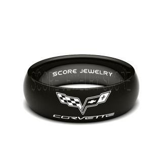 Black Tungsten Band with Domed Edge Chevrolet, Chevy, Corvette Logo Ring
