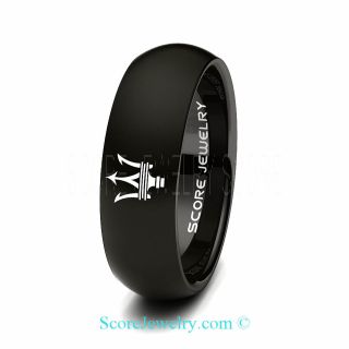 Black Tungsten Band with Domed Edge Maserati Logo Ring