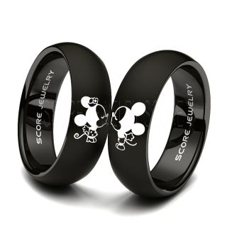 Mickey Mouse Ring, 2 Piece Couple Set Blue Tungsten Bands with Domed Edge Mickey Mouse Pattern Laser Engraved Rings - 8mm & 6mm Rings