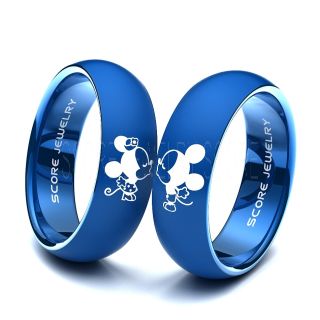 Couple Set Blue Tungsten Band with Domed Edge Mickey & Minnie Mouse Pattern Wedding Ring