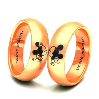 Couple Set 14K Rose Gold Tungsten Band with Domed Edge Mickey & Minnie Mouse Pattern Wedding Ring