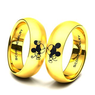 Custom Order: Couple Set 14K Yellow Gold Tungsten Band with Domed Edge Mickey & Minnie Mouse Pattern Wedding Ring - Jamie Daniels