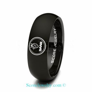 Black Tungsten Band with Domed Edge Saab Logo Ring
