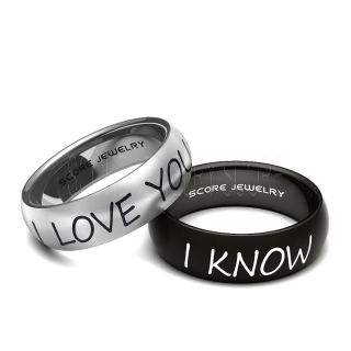 Couple Set 8mm Tungsten and 8mm Black Tungsten Bands with Domed Edge Star Wars I Love You I Know Rings