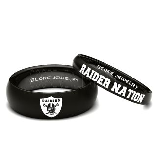 Couple Set Black Tungsten Band with Domed Edge NFL Football Oakland Raiders Logo 8mm & Raider Nation 4mm Rings