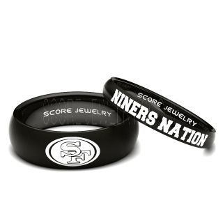 Couple Set Black Tungsten Band with Domed Edge NFL Football San Francisco 49ers Logo 8mm & Niners Nation 4mm Rings