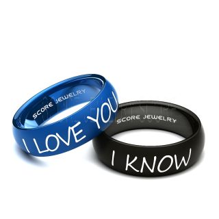 Couple Set 8mm Blue Tungsten and 8mm Black Tungsten Bands with Domed Edge I Love You I Know Rings