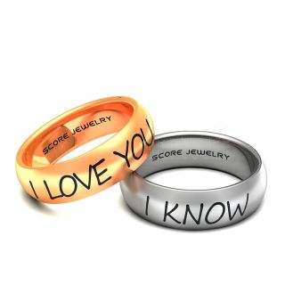 Couple Set 8mm 14K Rose Gold Tungsten and 8mm Tungsten Bands with Domed Edge I Love You I Know Rings