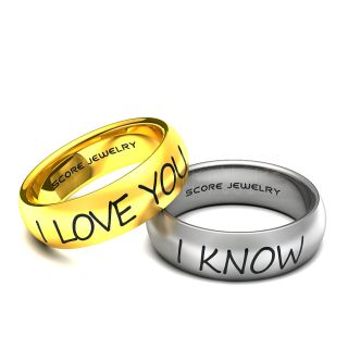 Couple Set 8mm 14K Yellow Gold Tungsten and 8mm Tungsten Bands with Domed Edge I Love You I Know Rings