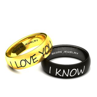 Couple Set 8mm 14K Yellow Gold Tungsten and 8mm Black Tungsten Bands with Domed Edge I Love You I Know Rings