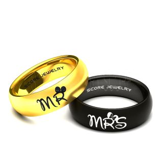 Custom Order for JP Desiderio: 2 Rings Couple Set 8mm 14K Yellow Gold Tungsten Band with Domed Edge Mr.and Black Tungsten Band with Domed Edge Mr. in Disney Font Rings