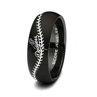 Black Tungsten Band with Domed Edge MLB Baseball Los Angeles Dodgers Logo With Baseball Stitch Pattern Ring