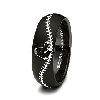 Black Tungsten Band with Domed Edge MLB Baseball Boston Red Sox Logo With Baseball Stitch Pattern Ring
