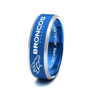 Broncos Ring, Broncos Jewelry, Blue Tungsten Band with Beveled Edge Broncos Ring, Blue Tungsten Ring, Blue Wedding Band
