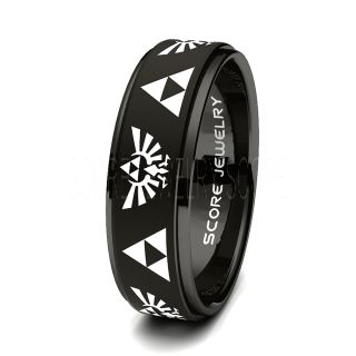 Black Tungsten Band with Step Edge Legend of Zelda Triforce Pattern Laser Engraved 8mm Ring