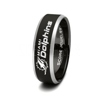 8mm Black Tungsten Band with Beveled Edge NFL Football Miami Dolphins Logo Laser Engraved Ring