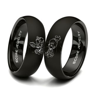 2 Piece Couple Set Black Tungsten Bands with Domed Edge Pebbles and Bamm Bamm Design Laser Engraved Rings - 8mm & 6mm Rings