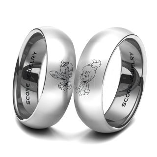 2 Piece Couple Set Tungsten Bands with Domed Edge Pebbles and Bamm Bamm Design Laser Engraved Rings - 8mm & 6mm Rings