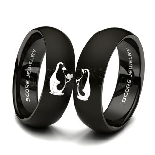 Penguin Ring, Penguins Ring, Penguin Couple Ring, Black Tungsten Ring, Black Tungsten Band, Tungsten Wedding Ring, Penguin Couples Ring, Black Wedding Ring