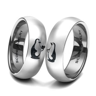 Penguin Ring, Penguins Ring, Penguin Couple Ring, Silver Tungsten Ring, Silver Tungsten Band, Tungsten Wedding Ring, Penguin Couples Ring, Silver Wedding Ring