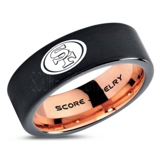 8mm Black Tungsten Band with Flat Edge and Brushed Finish NFL Football San Francisco 49ERS Logo Laser Engraved Ring