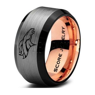 10mm Broncos Ring, Broncos Jewelry, Black Tungsten Band with Beveled Edge Broncos Logo Ring, Black Tungsten Ring