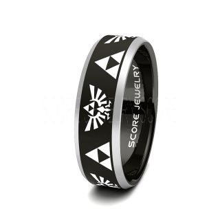 Black Tungsten Band with Beveled Edge Legend of Zelda Triforce Pattern Laser Engraved Ring 8mm Tungsten Ring