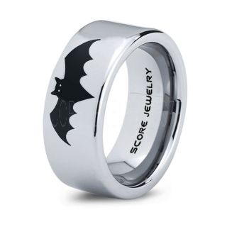 Tungsten Band with Flat Edge Bat Design Laser Engraved 8mm Ring
