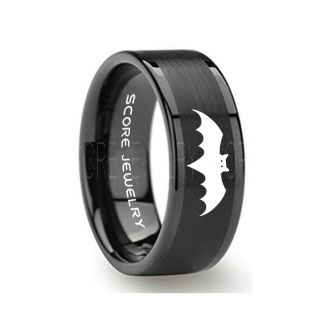 Black Tungsten Band with Flat Edge Bat Design Laser Engraved 8mm Ring