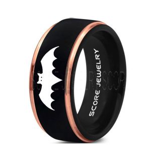 Black Tungsten Band with 14K Rose Gold Step Edge Bat Design Laser Engraved 8mm Ring