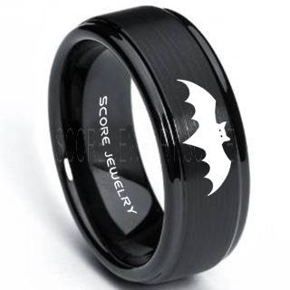 Black Tungsten Band with Black Step Edge Bat Design Laser Engraved 8mm Ring