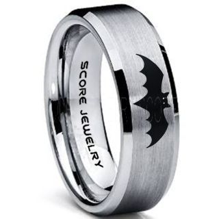 Tungsten Band with Beveled Edge Bat Design Laser Engraved 6mm Ring