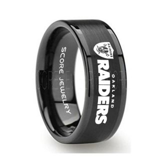 8mm Black Tungsten Band with Flat Edge and Brushed Finish NFL Football Oakland Raiders Logo Laser Engraved Ring