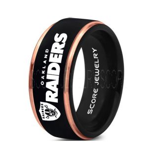 8mm Black Tungsten Band with Beveled Flat Edge and Brushed Finish NFL Football Oakland Raiders Logo Laser Engraved Ring